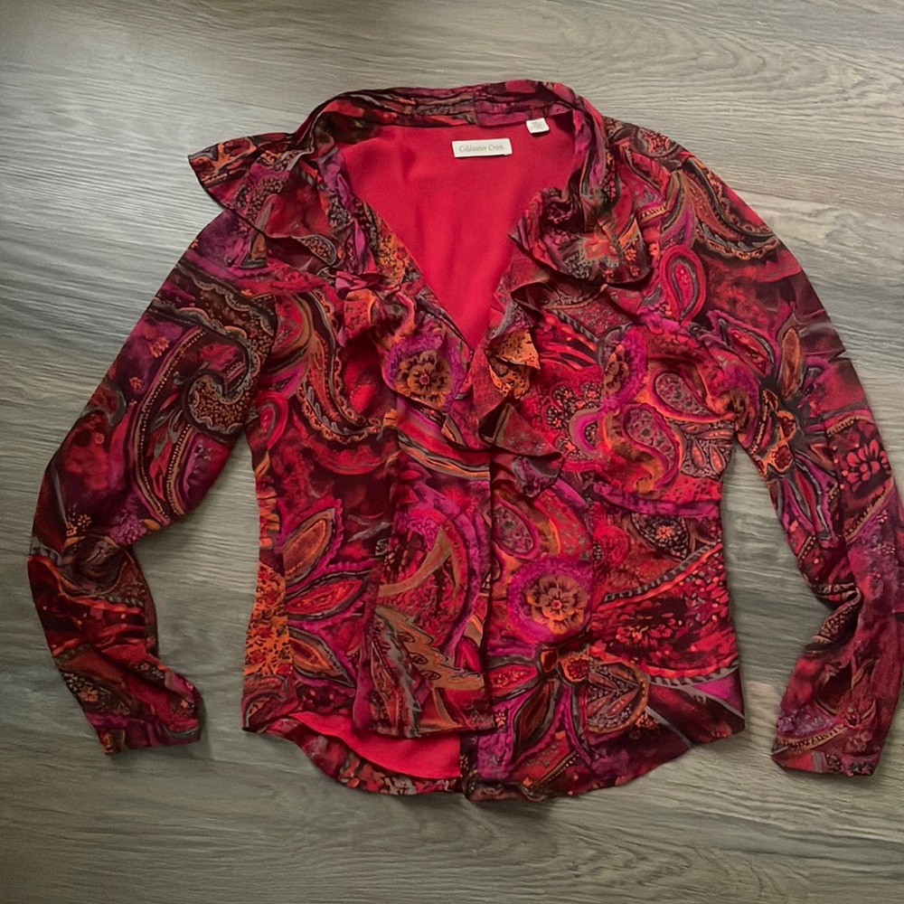 Vintage sheer ruffled floral print long sleeve blouse